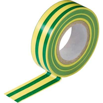 Zöld-sárga szigetelőszalag, 15 mm x 10 m, elektromos szerelésekhez.