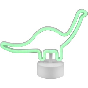 Fehér Bronto LED asztali lámpa dinoszaurusz formában, zöld fénnyel.