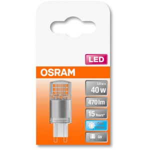 Osram G9 LED lámpa, 3,8W, hideg fehér, 470 lumen, átlátszó kapszula forma.
