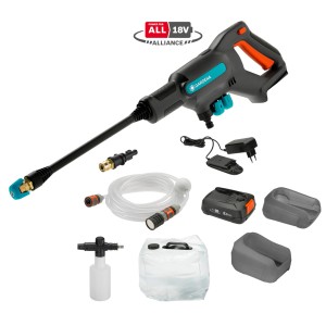 Gardena AquaClean 24/18V P4A Premium-Set akkumulátoros közepes nyomású mosó tartozékokkal és akkumulátorral.