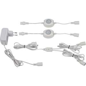 LED flexibilis szalag szenzorral, 2x1,2 m, meleg fehér, tartozékok, mint tápegység, szenzorok és kábelek.