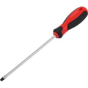 Lapos csavarhúzó, 5 mm x 150 mm, piros-fekete műanyag nyéllel.