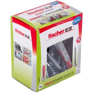 Fischer DuoPower 12x60 mm-es tiplik csavarokkal csomagolása, különböző építőanyagokhoz alkalmas.