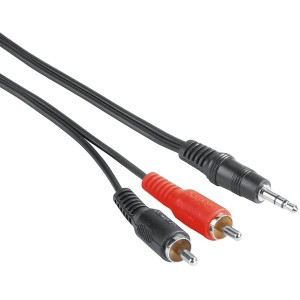 Fekete Hama audio kábel: 3,5 mm-es jack - 2 RCA csatlakozó, 2 m hosszú.