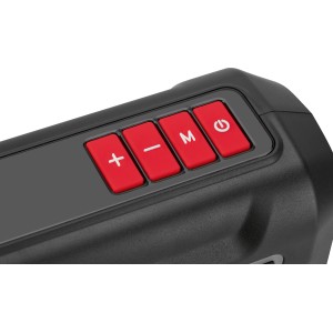 A KPS-10/12 mini légkompresszor kezelőpaneljének közeli képe piros gombokkal (+, -, M, Power).