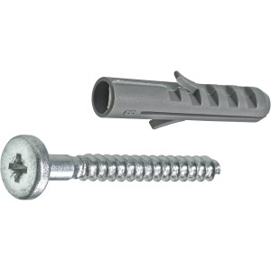 Hettich fa csavar 5,5x50 mm félgömbfejjel és tiplivel, fa kötésekhez alkalmas.