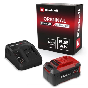Einhell PXC indítókészlet piros 5,2 Ah akkumulátorral és fekete töltővel elektromos szerszámokhoz.