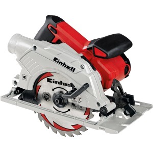 Einhell TE-CS 165 kézi körfűrész: Piros elektromos fűrész fém fűrészlappal a pontos vágásokhoz.