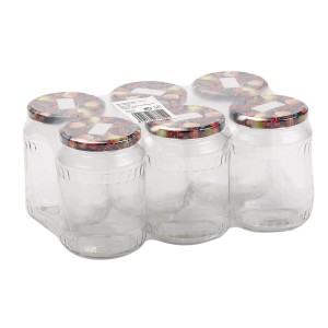 6 darabos, 212 ml-es befőttesüveg készlet gyümölcsdíszes fedőkkel, élelmiszer tárolására.