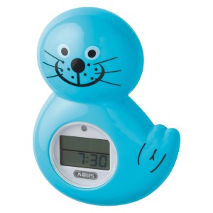 Kék Abus JC8720 Robbi fürdővíz hőmérő fóka formában, digitális kijelzővel.