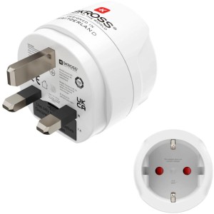 Fehér Hama G típusú utazóadapter Angliához, a Nemzetközösséghez és az Egyesült Királysághoz, 3 pólusú, euró csatlakozóval.