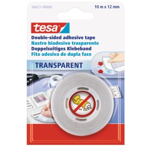 Tesa Átlátszó kétoldalas ragasztószalag, 10 m x 12 mm-es tekercs.