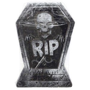 Fekete hungarocell Halloween sírkő dekoráció csillámmal, koponyával és RIP felirattal, fóliába csomagolva.
