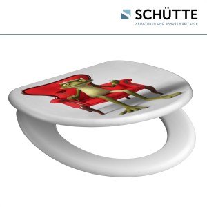 Schütte Frog King WC ülőke SoftClose funkcióval, duroplaszt, béka mintával fehér fedélen.