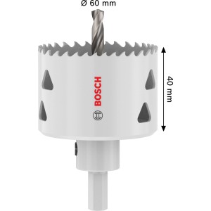 Fehér Bosch Multi Material lyukfűrész, Ø 60 mm, 40 mm mélység, ezüst fúróval és hatlapú szárral.