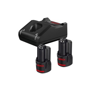 Bosch Professional akku indítókészlet: fekete GAL 12 V-40 töltő és két 12 V 2 Ah akkumulátor szerszámokhoz.