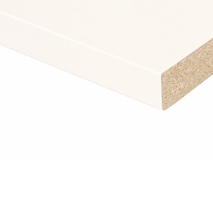 Közelkép egy fehér Kaindl munkalapról, 260x60x2,8 cm. Konyhai munkalap lekerekített éllel.