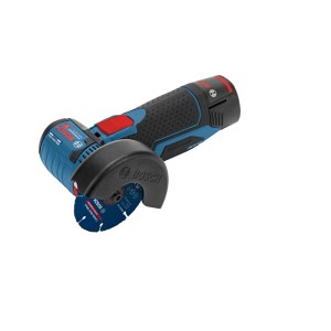 Bosch Professional GWS 12 V-76 akkus sarokcsiszoló, kék-fekete, védőburkolattal és vágótárcsával.