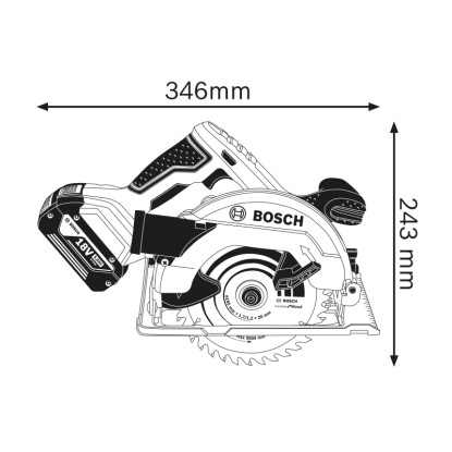 A Bosch GKS 18V-57 G akkus körfűrész vázlata 346x243mm méretekkel.
