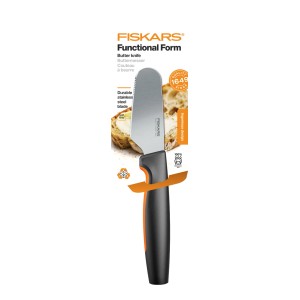 Fiskars Functional Form vajazókés rozsdamentes acél pengével és fekete nyéllel.