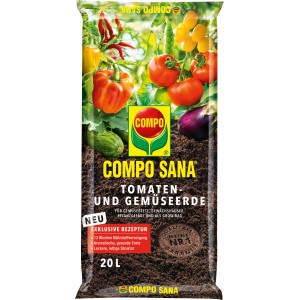 Compo Sana paradicsom és zöldség föld, 20 literes zsák zöldség illusztrációval.