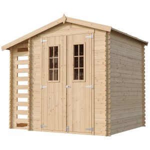 Timbela fa kerti ház M386C tűzifatartóval, 4,5 m², kezeletlen fa.