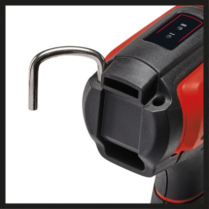 Közelkép: Einhell Power X-Change TE-HA 18 Li Solo akkus hőlégfúvó kihajtható akasztóval.
