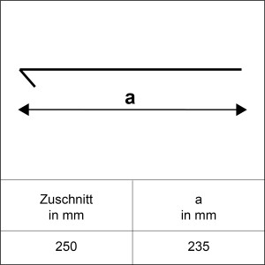 Vázlat természetes alumínium ereszcsatorna szegélyről, 250x2000mm-es méretre vágva, részletes rajz méretekkel.