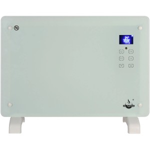 Fehér El Fuego 1500 W-os üveg konvektor LCD kijelzővel és lábakkal.