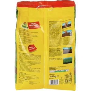Compo Fűmag Turbo 2,6kg sárga zsákban a gyors gyepjavításhoz.