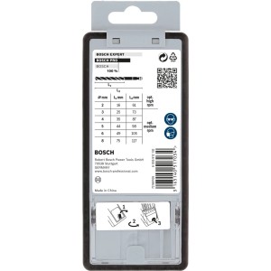 Bosch Robust Line fafúrókészlet csomagolása, 2-8mm, műszaki adatokkal, mérettáblázattal és biztonsági utasításokkal.