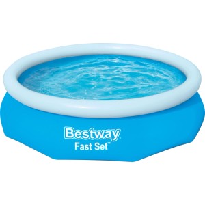 Kék Bestway Fast Set föld feletti medence (Ø 305 cm) fehér léggyűrűvel, vízzel feltöltve.