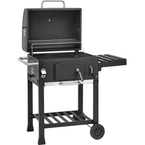 Fekete Jamestown Jaxon faszén grill nyitott fedéllel, moduláris ráccsal, oldalsó polccal és kerekekkel. Mobil és sokoldalú.