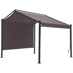 Antracit színű acél pavilon Bacliff 3x3m oldalsó függönnyel kertbe és teraszra.