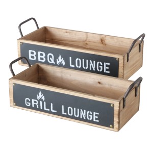 Boltze Conny tálca szett, 2 fa tálca fém fogantyúkkal és BBQ/Grill Lounge felirattal.