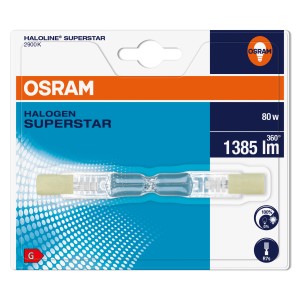 Osram halogén izzó R7s 80W csomagolásban, meleg fehér, nagyfeszültségű halogén lámpákhoz.