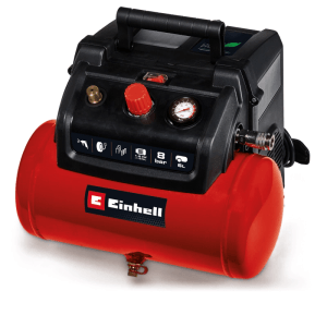 Piros Einhell TC-AC 190/6/8 olajmentes kompresszor fekete házzal, 6L tartállyal, 8 bar nyomással.