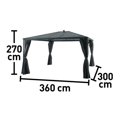 Antracit New Harmony pavilon 300x360 cm oldalfalakkal és méretekkel.