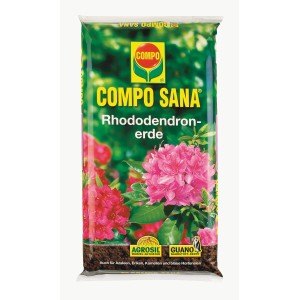 Zacskó Compo Sana Rhododendron föld 20L rododendron virágokkal. Speciális föld savanyú talajokhoz.