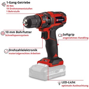 Einhell Power X-Change TC-CD 18/35 Li Solo akkus fúró-csavarozó (akku nélkül). Piros akkus csavarozó fúrótokmánnyal.