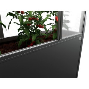 Biohort Florentina üvegház toldalék magaságyáshoz, 2x1 m, sötétszürke metál, paradicsom növénnyel.