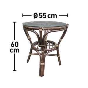 Kerek rattan kerti asztal üveglappal, Ø 55 cm, magasság 60 cm.