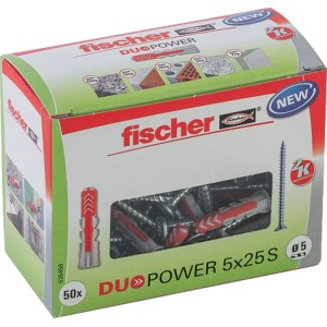 Fischer DuoPower 5x25 mm-es tiplik csavarokkal csomagolása, tömör és üreges építőanyagokhoz alkalmas.