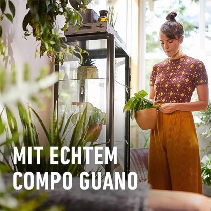 Nő szobanövénnyel, előtérben a Compo guánós műtrágyarudak reklámja.