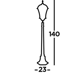 Vázlat egy t.b.t. úti lámpáról méretekkel (140 cm magas, 23 cm széles).