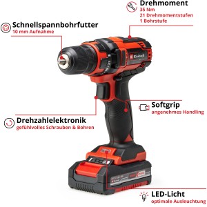 Einhell Power X-Change TC-CD 18/35 Li akkus fúró-csavarozó akkumulátorral, piros/fekete. Akkus csavarhúzó fúráshoz és csavarozáshoz.