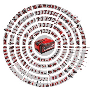 Einhell Power X-Change akkumulátor, körülötte különféle kerti szerszámok és rendszerszerszámok.