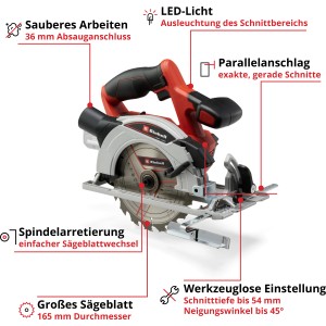 Einhell Power X-Change TE-CS 18/165-1 Li Solo akkus kézi körfűrész, piros/ezüst, nagy fűrészlappal. Praktikus fűrész barkácsolóknak.