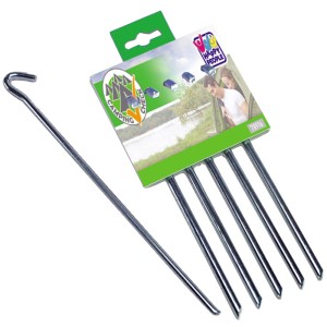 5 darabos, 30 cm-es, horganyzott, háromszögletű sátorcövek készlet kempingezéshez.