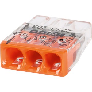 Narancssárga Wago kötődoboz csatlakozó, 3 pólusú, 0,5-2,5 mm² vezetékekhez.